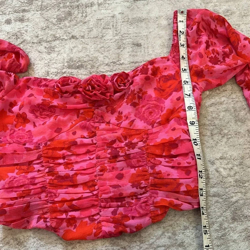 Free People Pink and Red cropped runched Floral Blouse XS